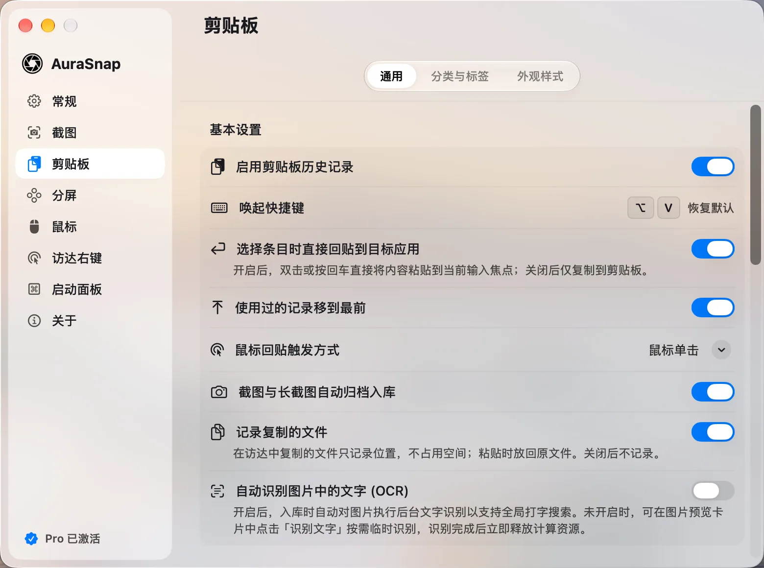设置:剪贴板通用选项