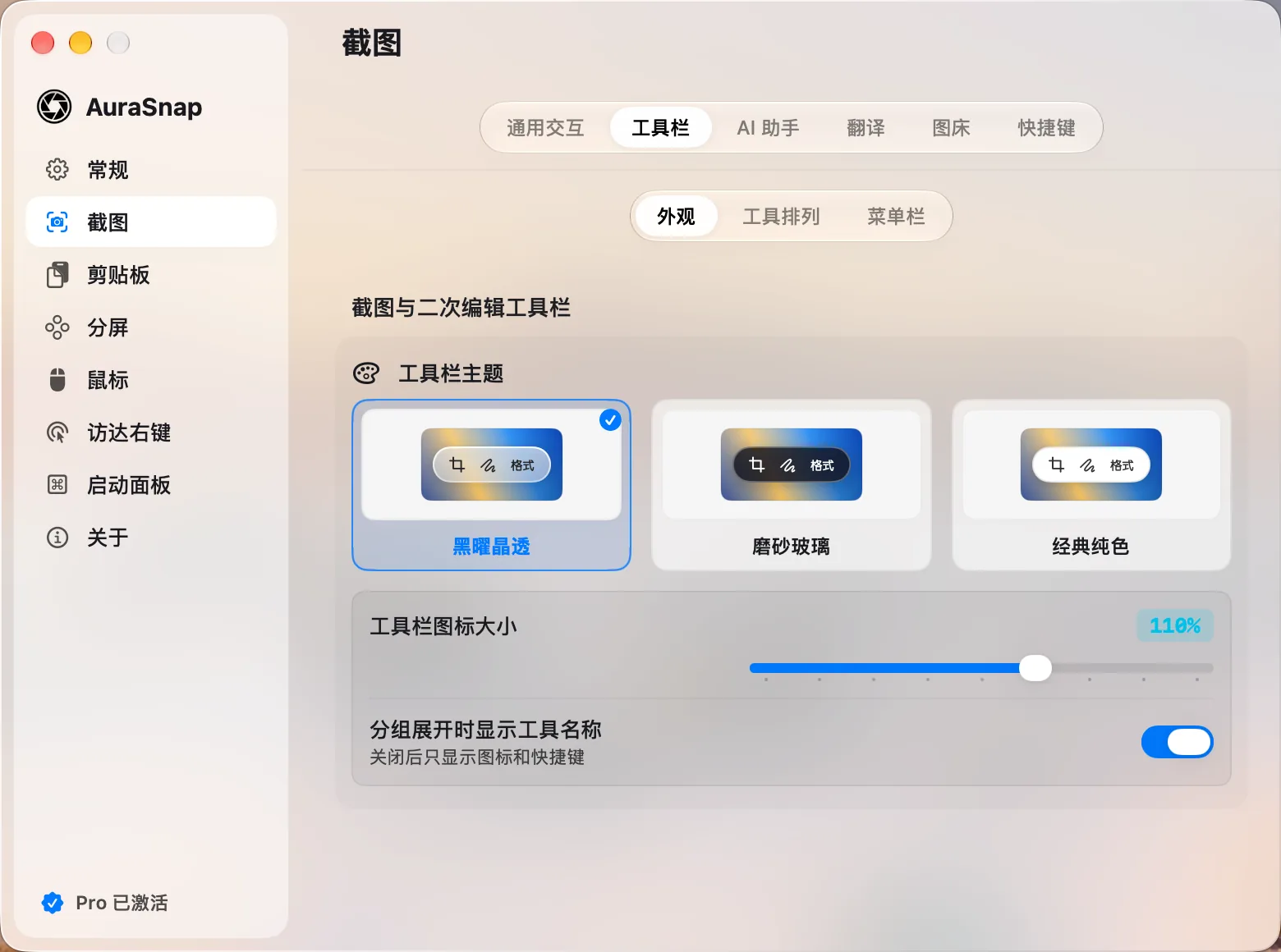 设置:截图工具栏主题(黑曜晶透、磨砂玻璃、经典纯色)与图标大小